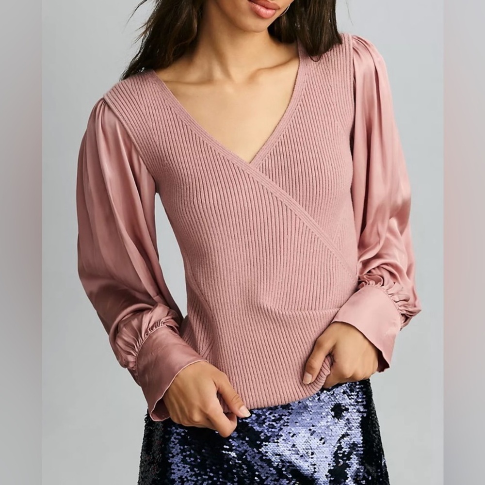 Anthropologie Mauve Twofer Faux Wrap Ribbed Sweater - Size XS